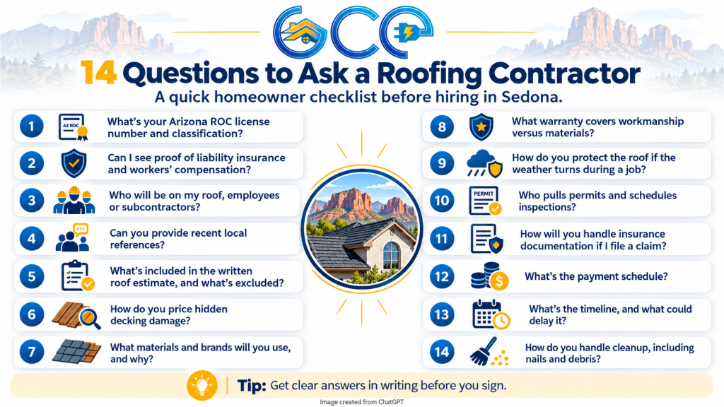 Infographic showing 14 questions to ask a roofing contractor in Sedona, AZ, including licensing, insurance, estimates, materials, warranties, and permits.