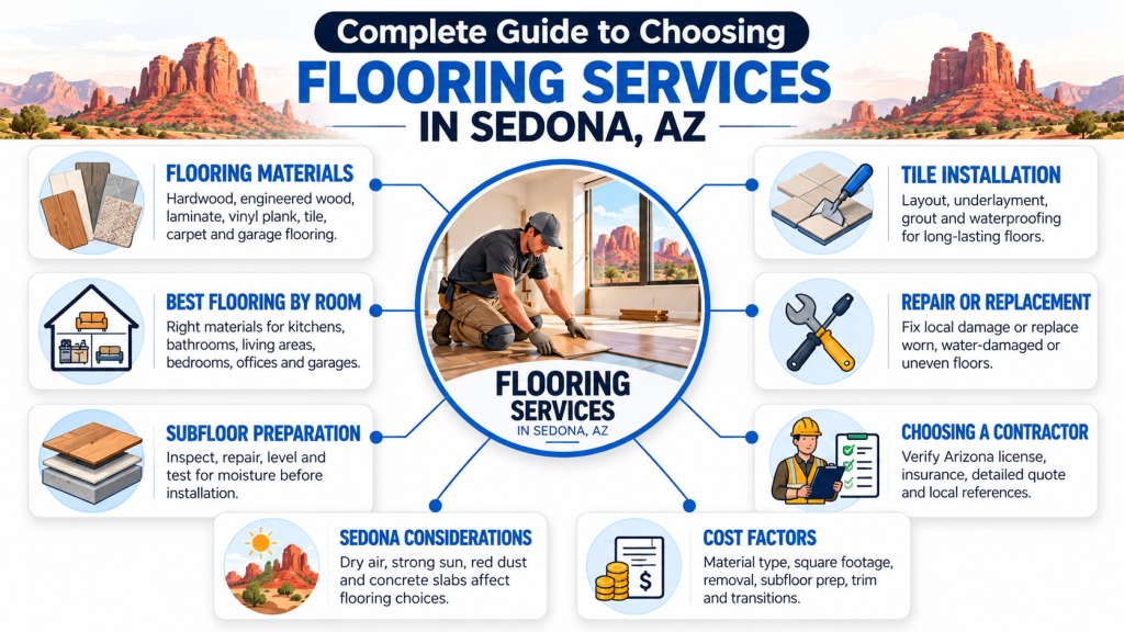 Complete guide to flooring services in Sedona, AZ, covering flooring materials, installation, subfloor preparation, and contractor selection